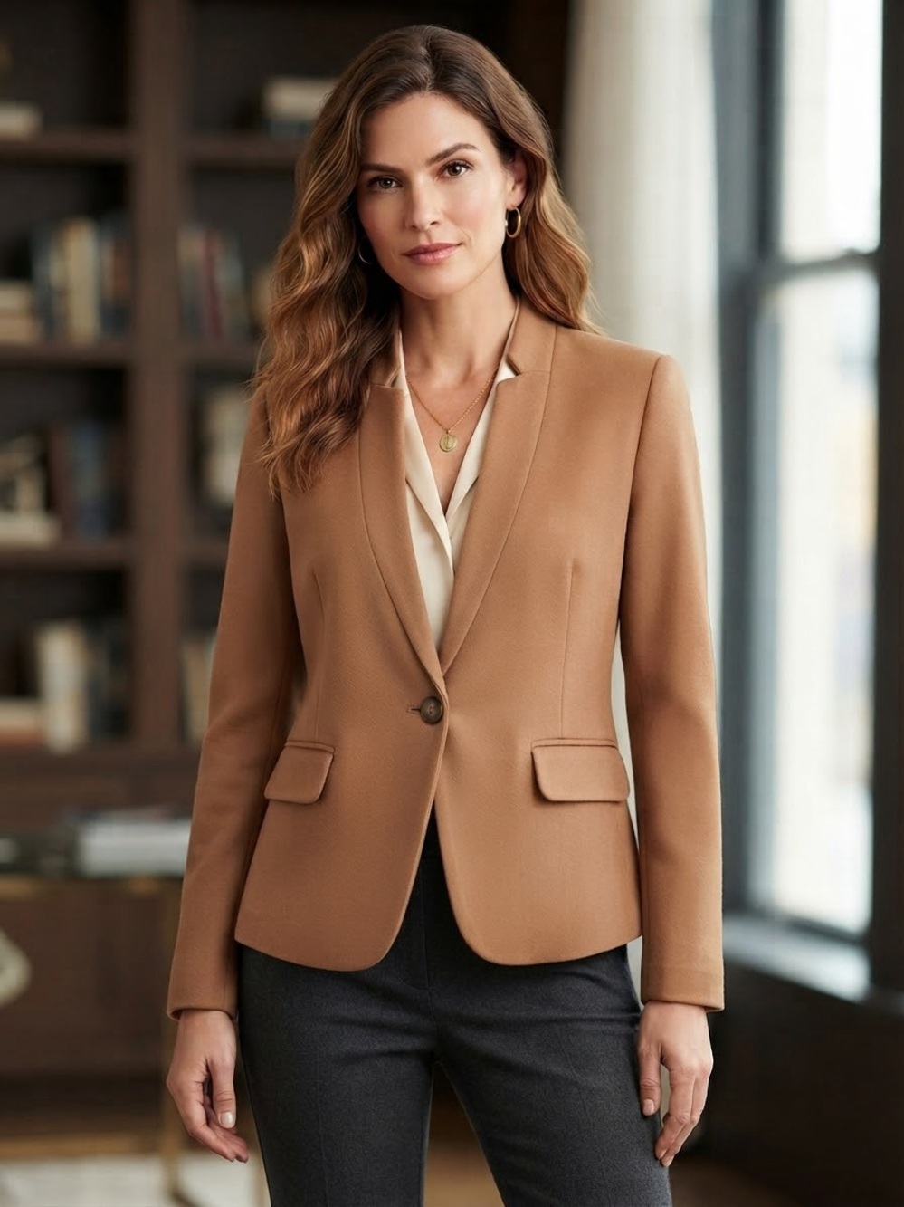 Gibsonlook Camel Single-Button Tailored Blazer Professional